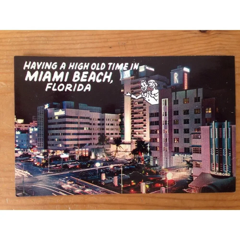 Vtg 50s Miami Beach Florida Plastichrome Unposted Postcard Collins Ave 18th St